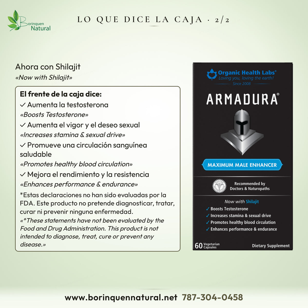 Armadura ahora con Shilajit: las cuatro frases del frente de la caja, citadas con el aviso de la FDA