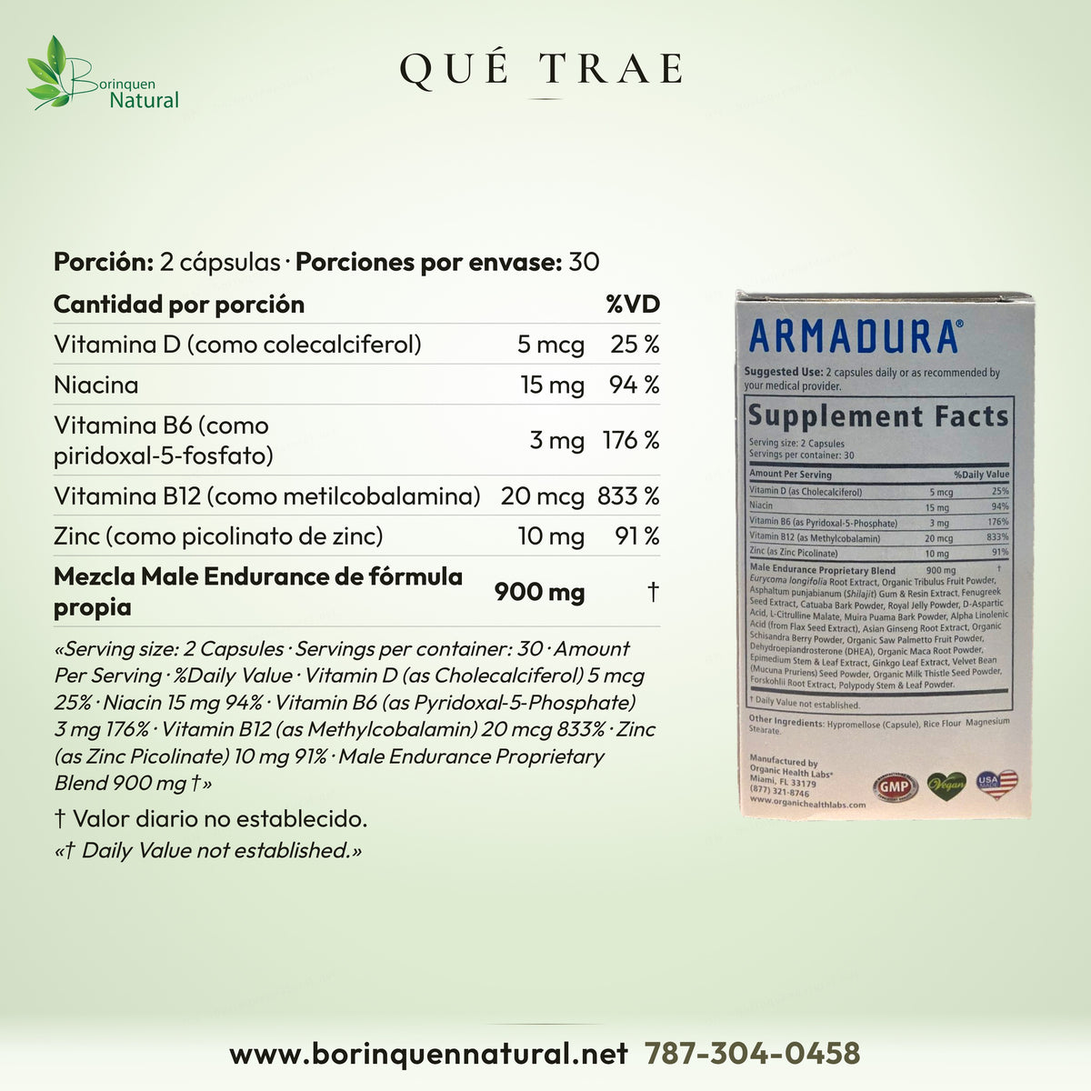 Qué trae Armadura por porción: vitamina D 5 mcg, niacina 15 mg, B6 3 mg, B12 20 mcg, zinc 10 mg y mezcla de 900 mg