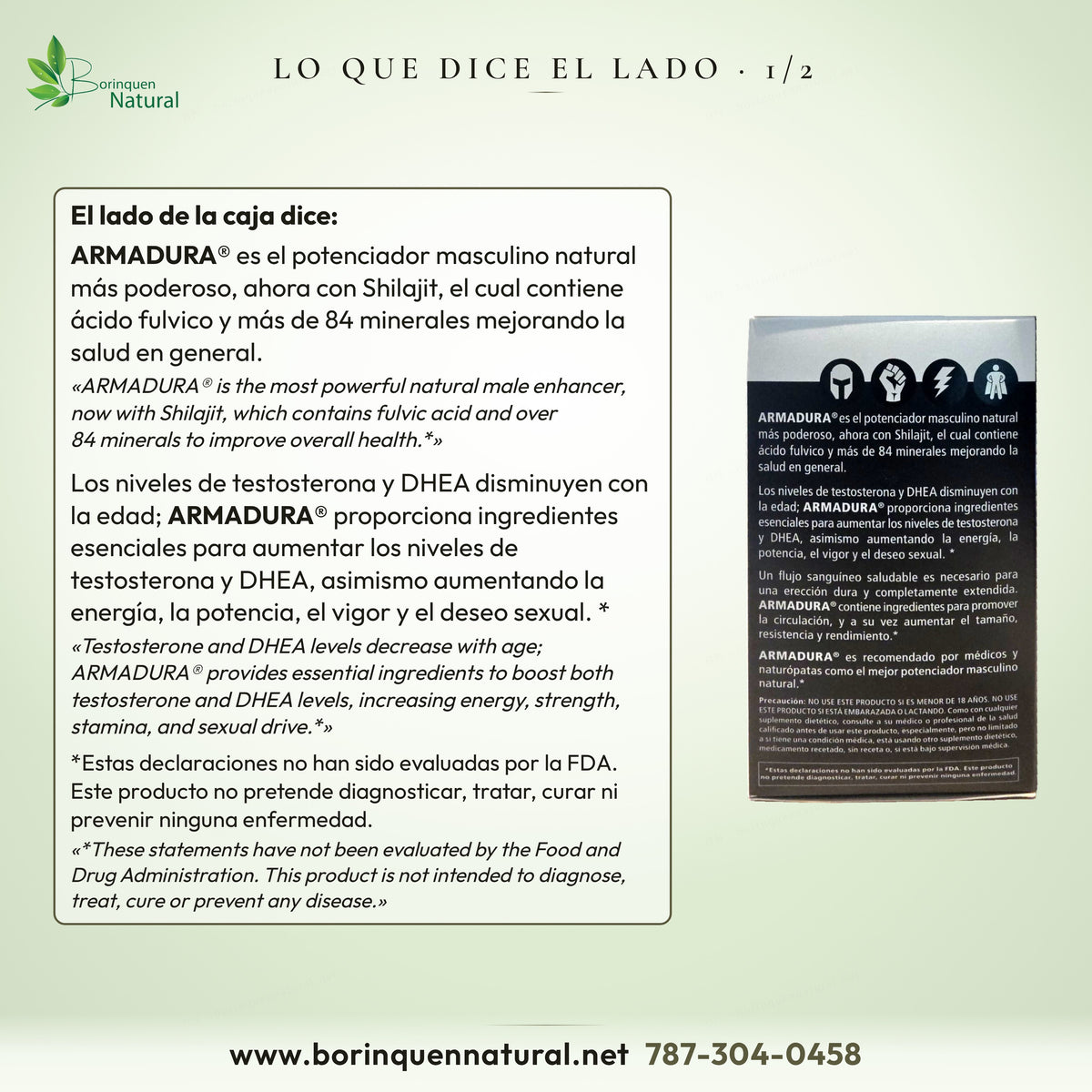 Lo que dice el lado de la caja de Armadura, 1 de 2: potenciador masculino natural con Shilajit y más de 84 minerales