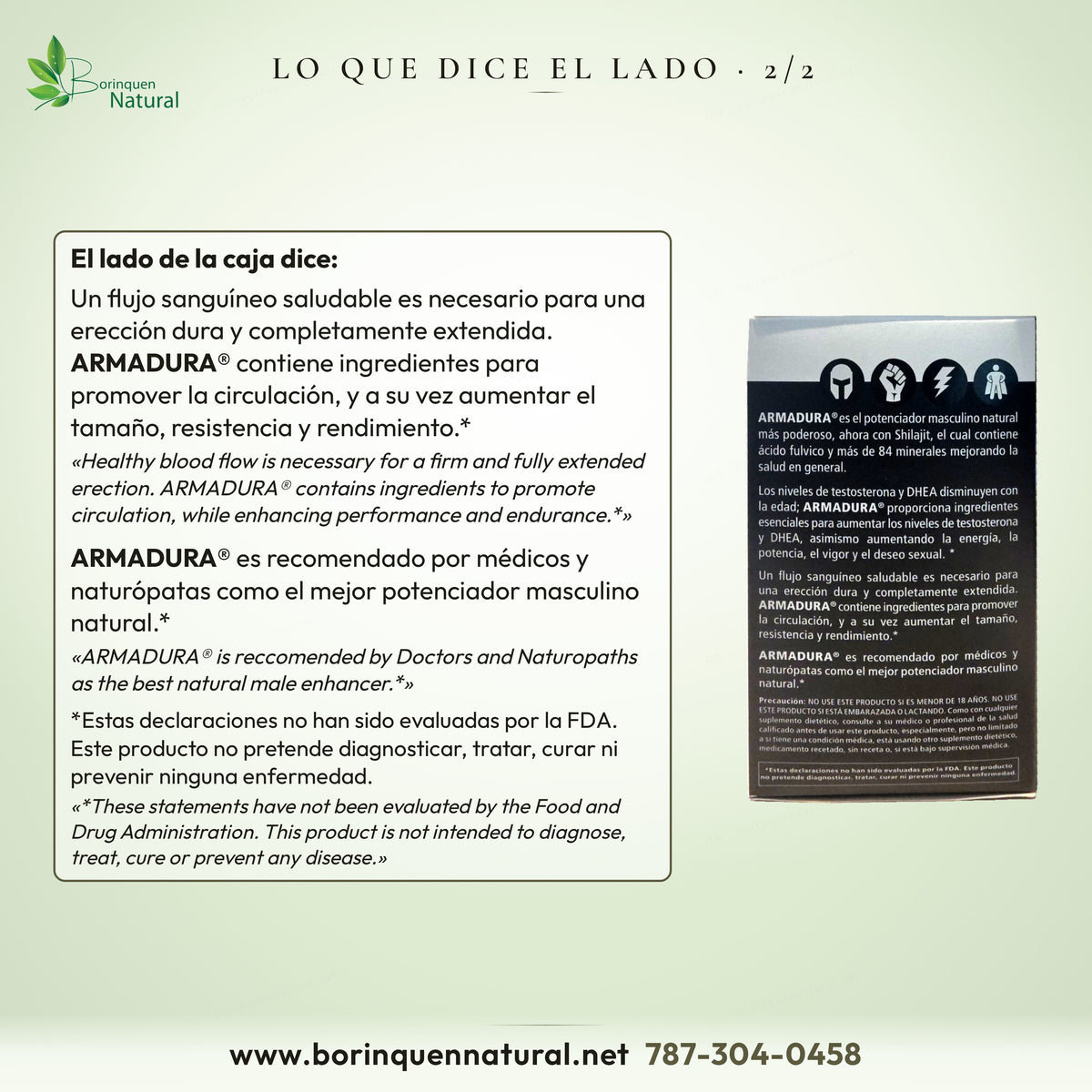 Lo que dice el lado de la caja de Armadura, 2 de 2: recomendado por médicos y naturópatas, con el aviso de la FDA