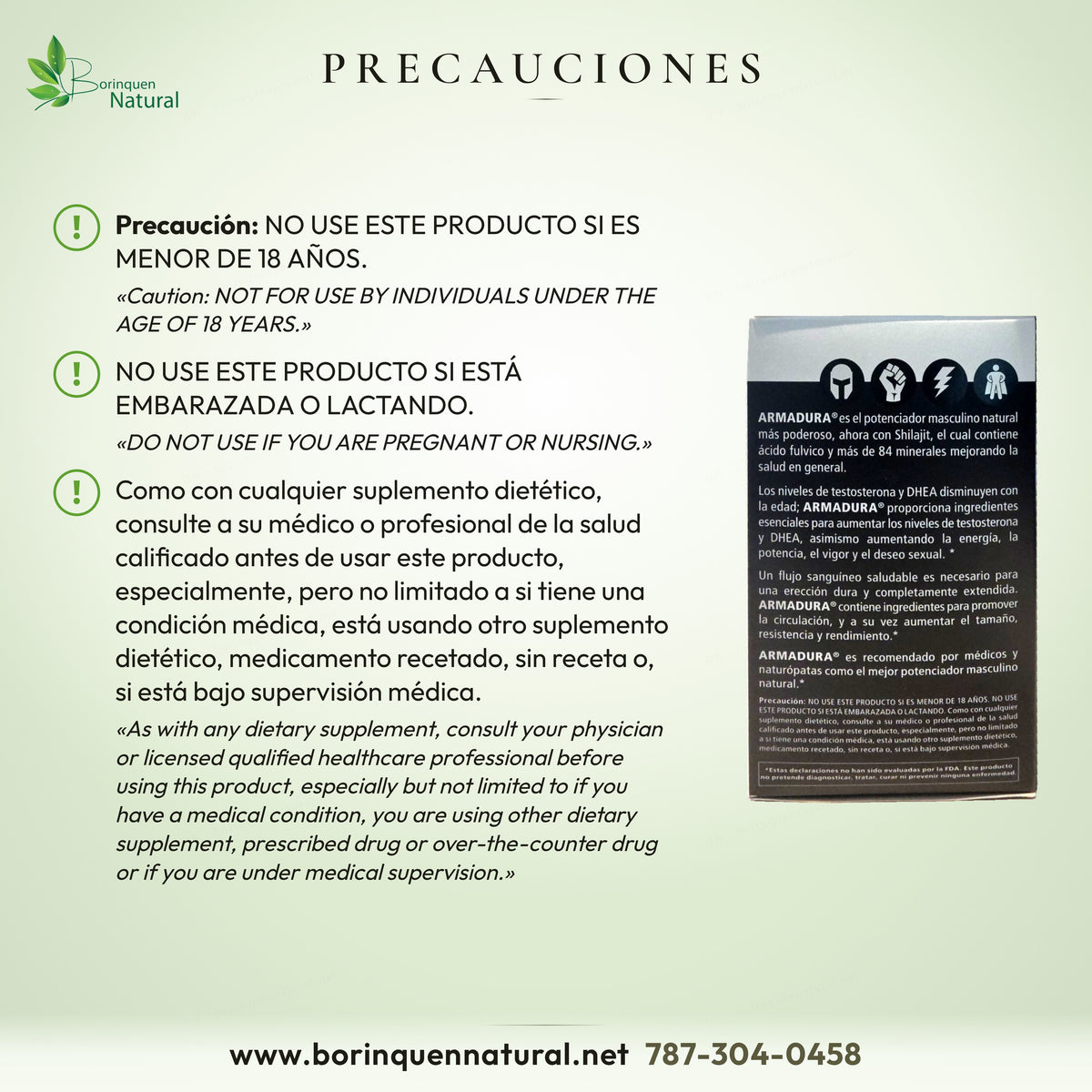 Precauciones de Armadura: no usar si es menor de 18 años ni si está embarazada o lactando; consulte a su médico antes