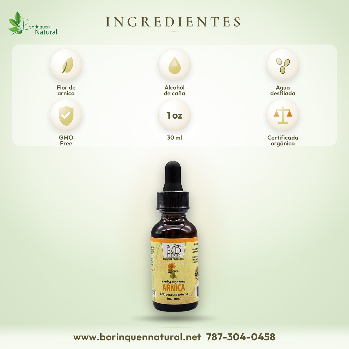 Ingredientes del árnica E&D: flor de arnica, alcohol de caña y agua