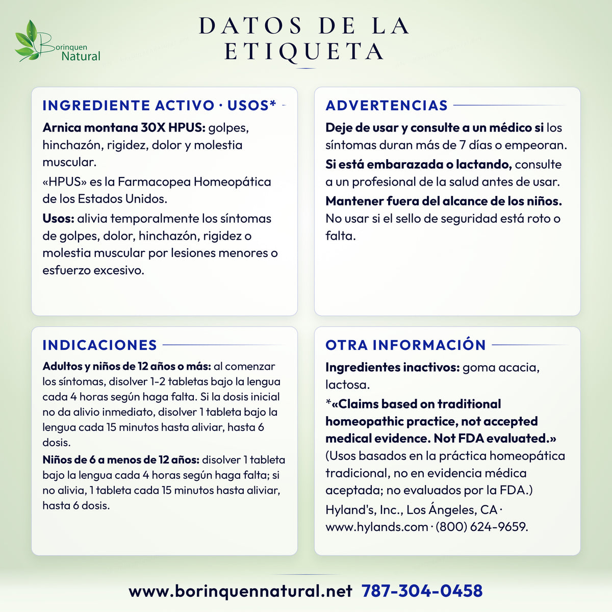 Datos de la etiqueta de Arnica 30X de Hyland's: ingrediente activo, usos, advertencias e indicaciones