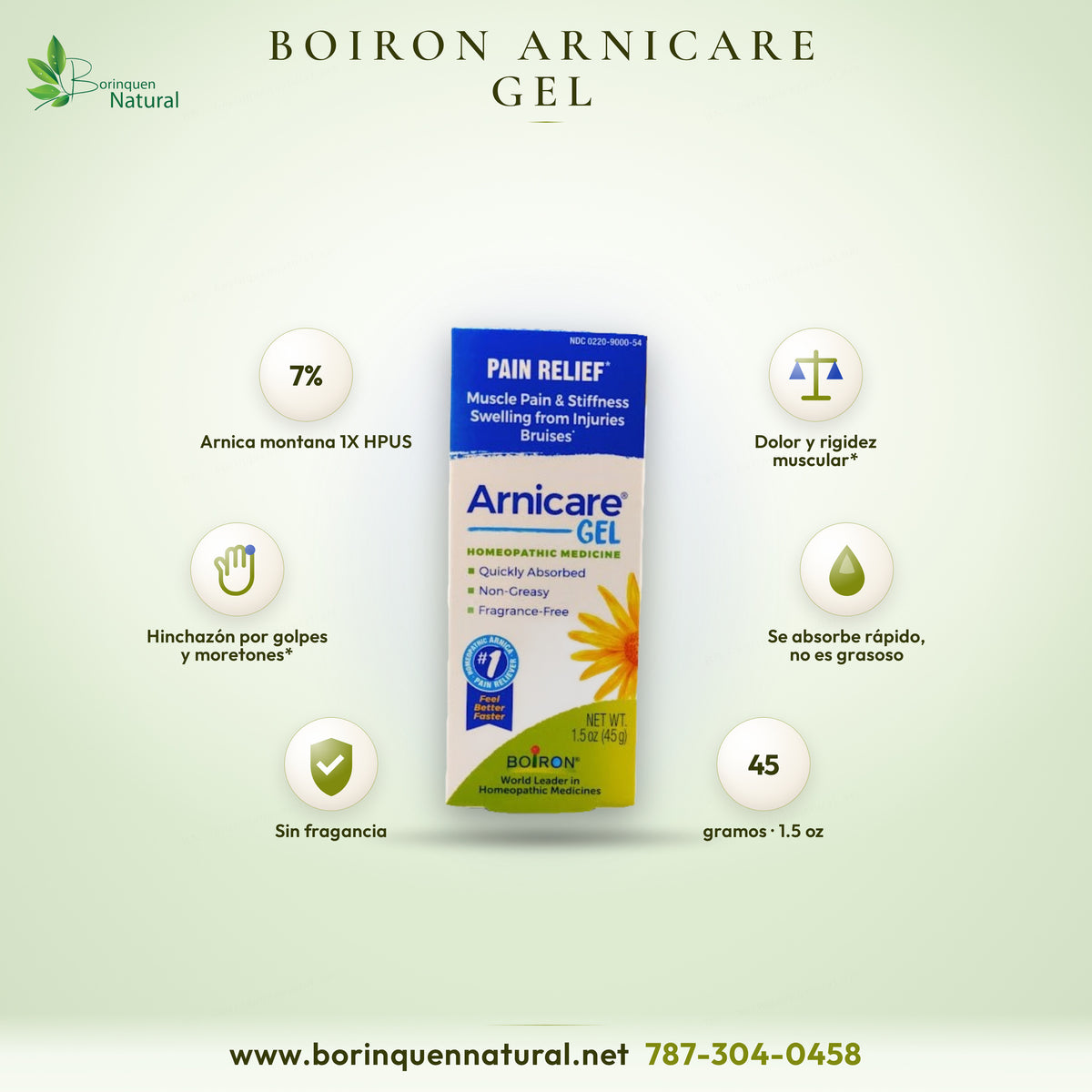 Boiron Arnicare Gel 1.5 oz (45 g): Arnica montana 1X HPUS 7%, quickly absorbed, non-greasy, fragrance-free