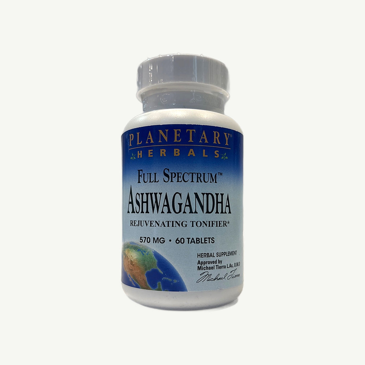 Frasco de Full Spectrum Ashwagandha de Planetary Herbals, foto real de la tienda: frente, 570 mg, 60 tabletas