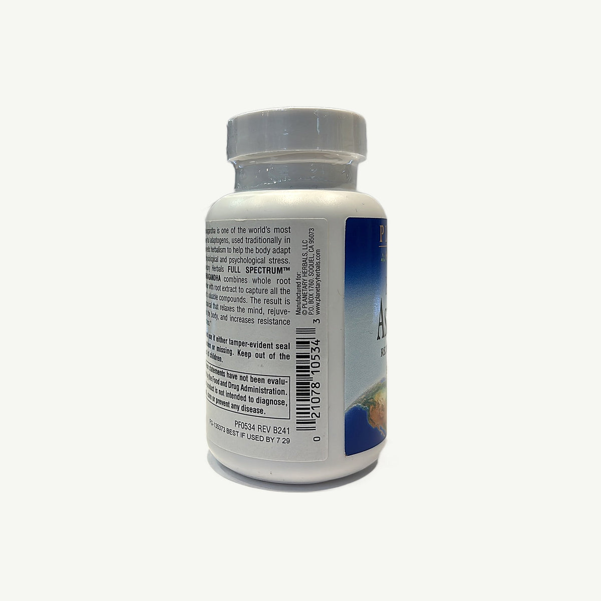 Frasco de Full Spectrum Ashwagandha, foto real de la tienda: código de barras y datos del fabricante Planetary Herbals