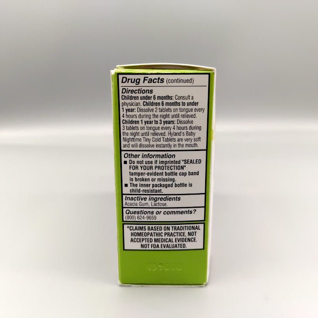 Hyland's Baby Tiny Cold Tablets Día y Noche para Catarro 250 Tabletas — vista posterior del envase