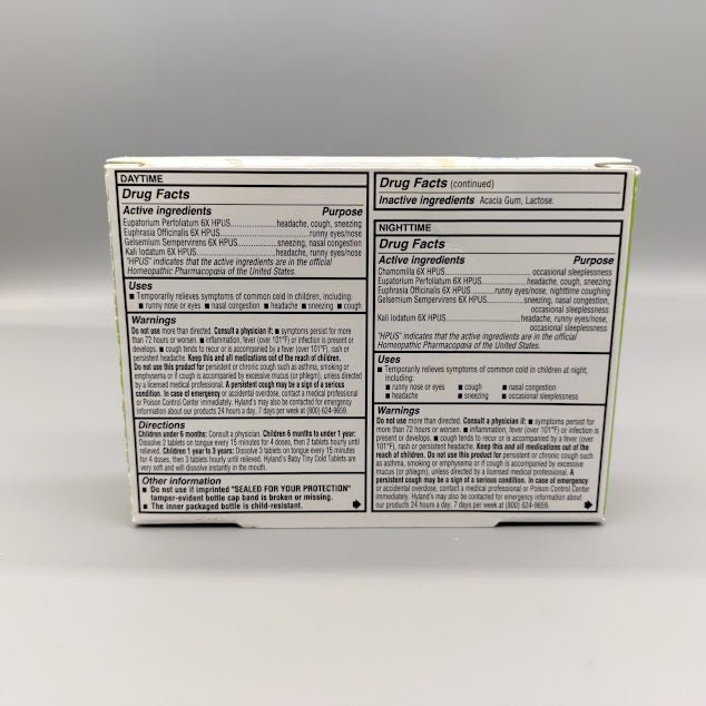 Hyland's Baby Tiny Cold Tablets Día y Noche para Catarro 250 Tabletas — etiqueta con los ingredientes