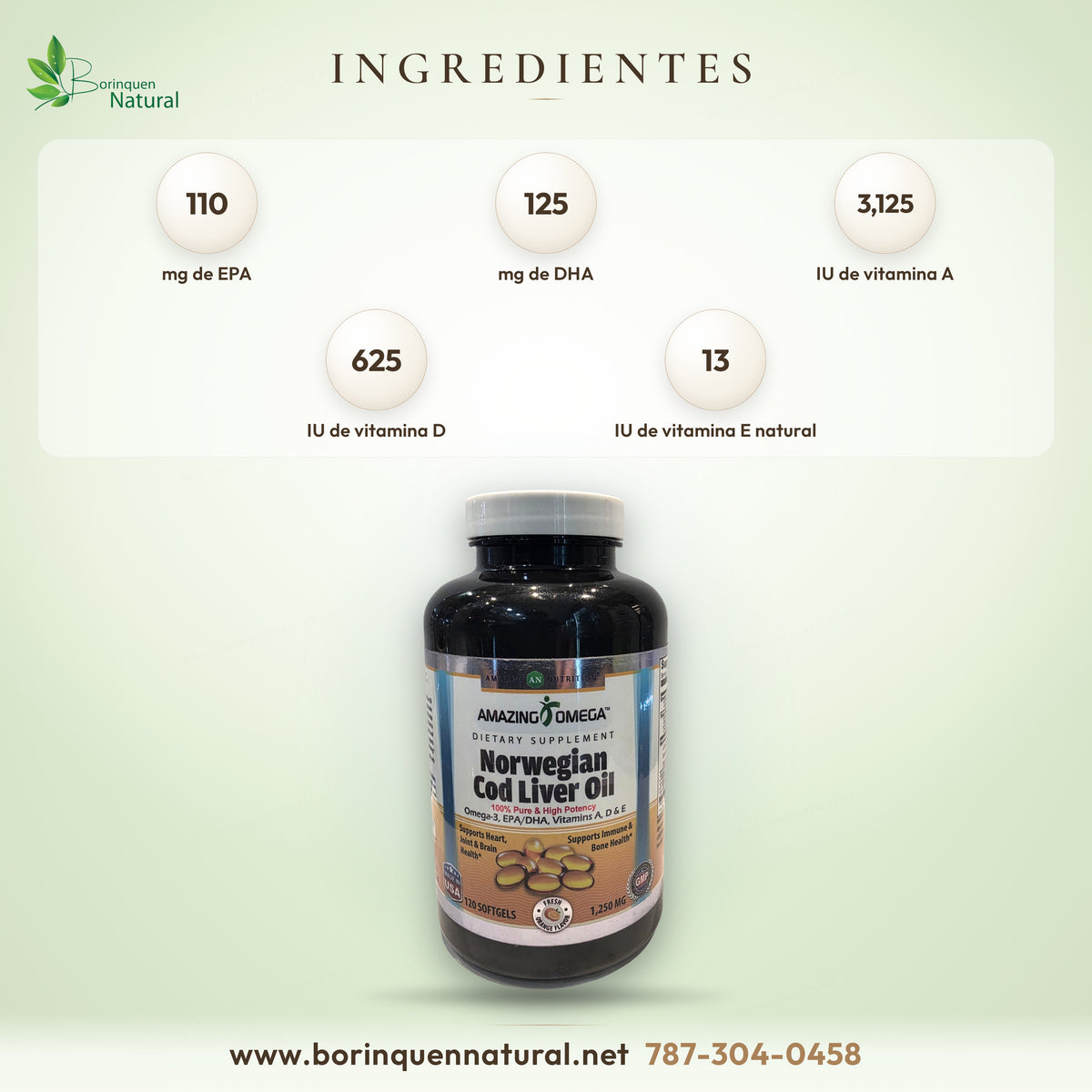 Ingredientes del aceite de bacalao Amazing Omega: 1,250 mg de concentrado con 110 mg de EPA y 125 mg de DHA