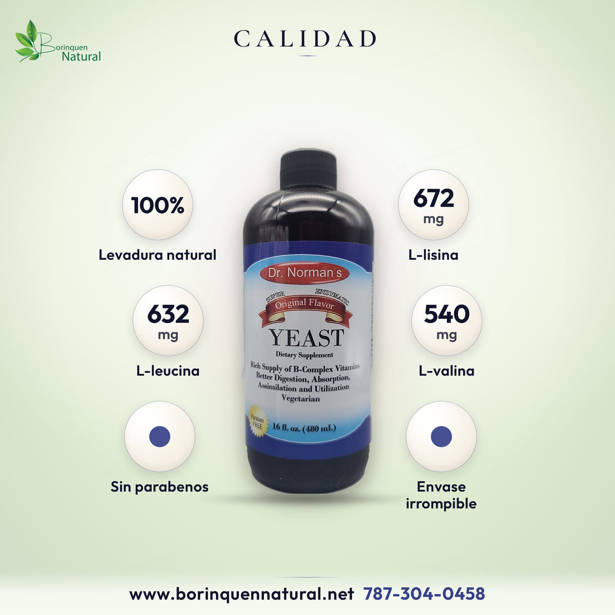 B-Complex líquido Dr. Norman's: levadura 100 % natural con L-lisina, L-leucina y L-valina, sin parabenos, envase irrompible