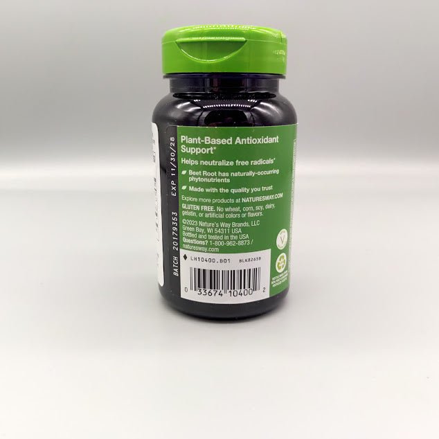 Beet Root bottle: Plant-Based Antioxidant Support*, Gluten free and barcode 0 33674 10400 2