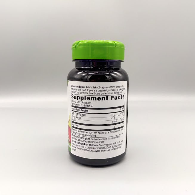 Beet Root bottle: Recommendation 2 capsules three times daily and Supplement Facts beet (root) 1 g
