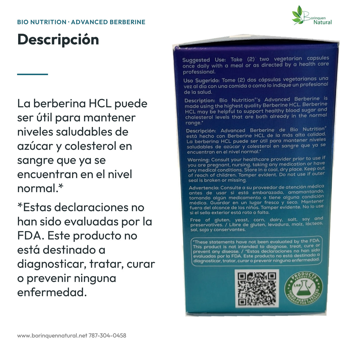 Berberina Bio Nutrition: lo que dice la caja sobre niveles saludables de azúcar y colesterol, con el aviso de la FDA