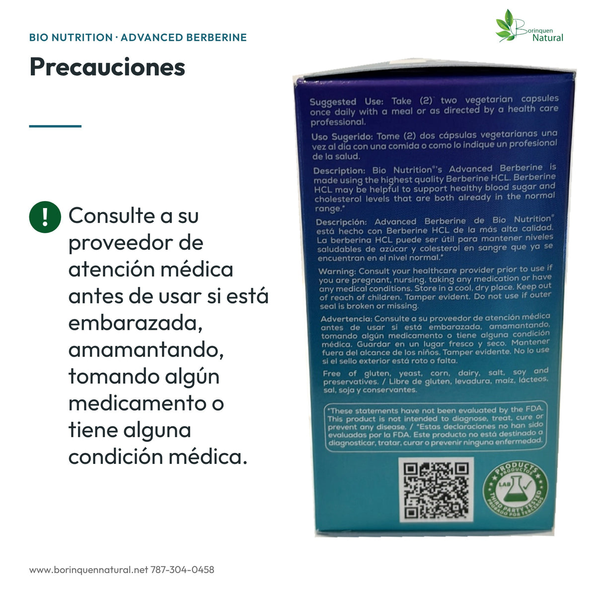 Berberina: Precauciones: consultar antes de usar en embarazo, lactancia, con medicamentos o condiciones médicas.