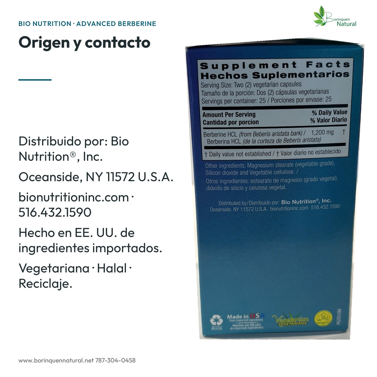 Berberina: Distribuidor Bio Nutrition; hecho en Estados Unidos con ingredientes importados; vegetariano y Halal.