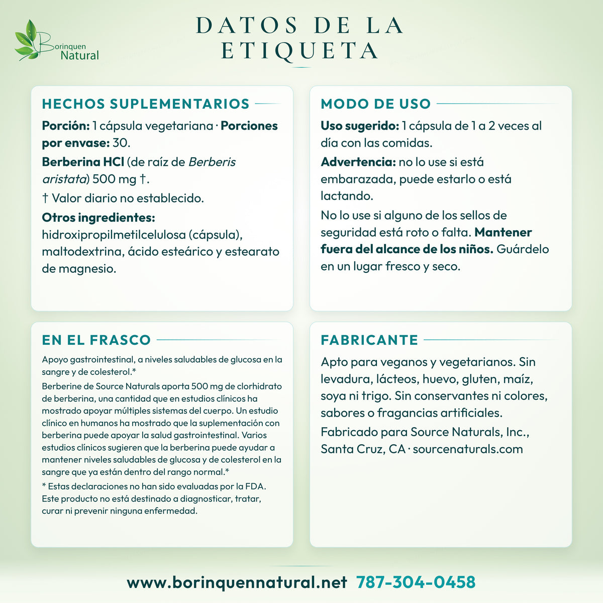 Datos de la etiqueta de Berberine Source Naturals: hechos suplementarios, modo de uso, aviso y lo que dice el frasco