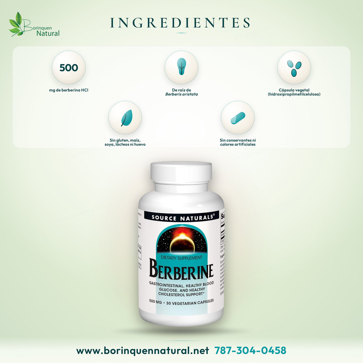 Ingredientes de Berberine Source Naturals: 500 mg de berberina HCl de raíz de Berberis aristata en cápsula vegetal