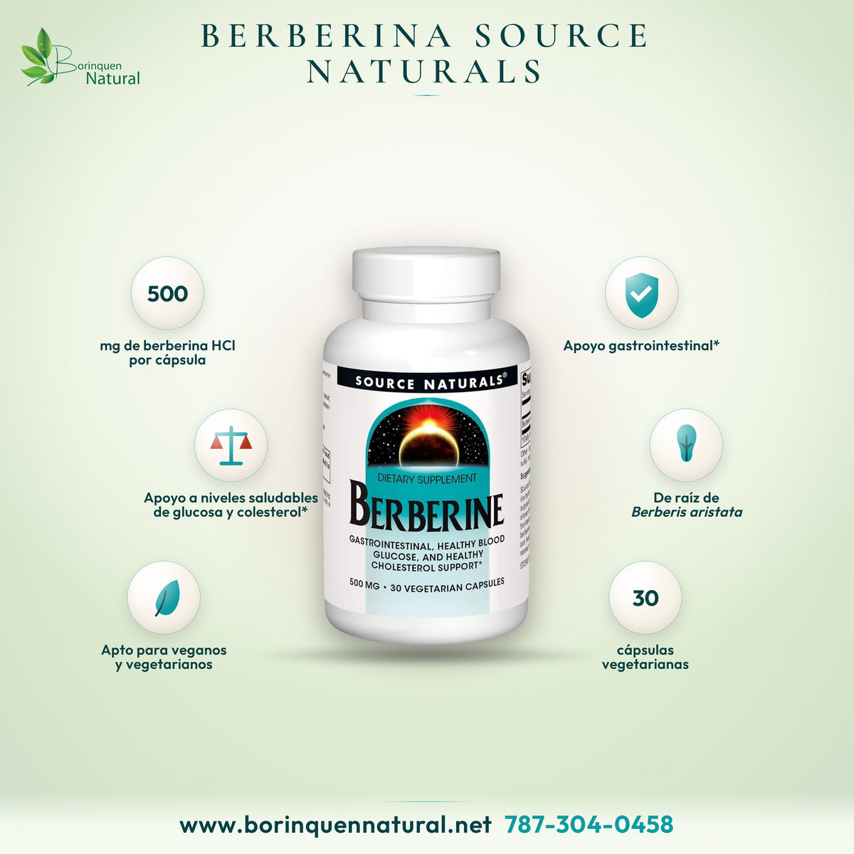 Berberine 500 mg de Source Naturals, 30 cápsulas vegetarianas de berberina HCl de raíz de Berberis aristata