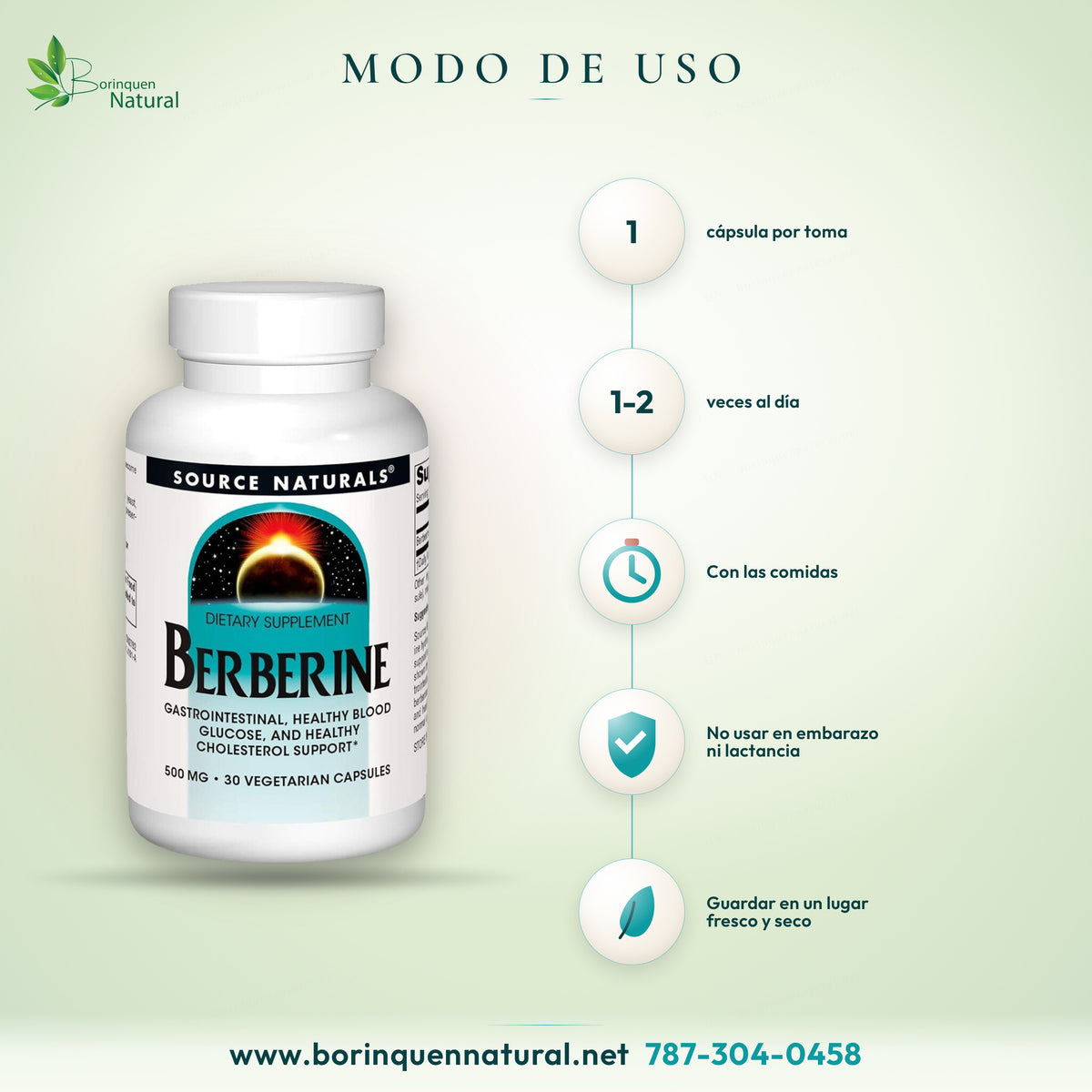 Modo de uso de Berberine Source Naturals: 1 cápsula de 1 a 2 veces al día con las comidas
