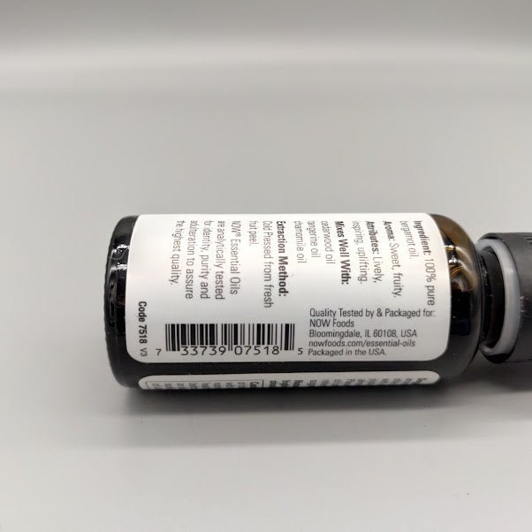 NOW bergamot bottle on its side: barcode 7 33739 07518 5, Code 7518 V3 and NOW Foods, Bloomingdale, IL