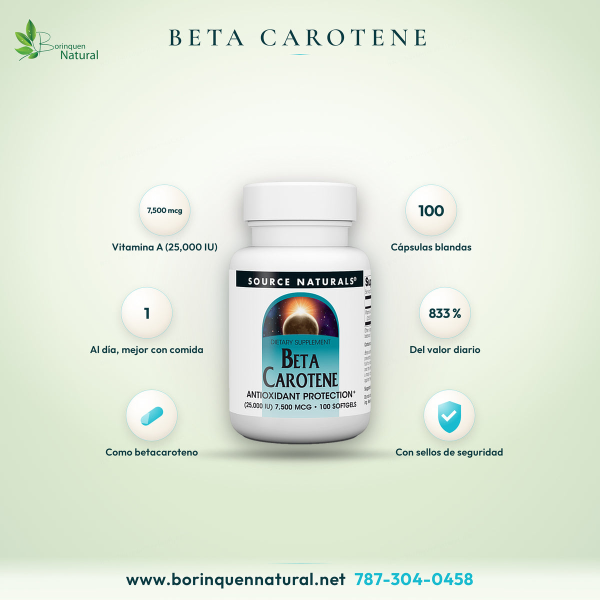 Beta Carotene de Source Naturals, vitamina A como betacaroteno 7,500 mcg (25,000 IU) por cápsula blanda, frasco de 100 softgels