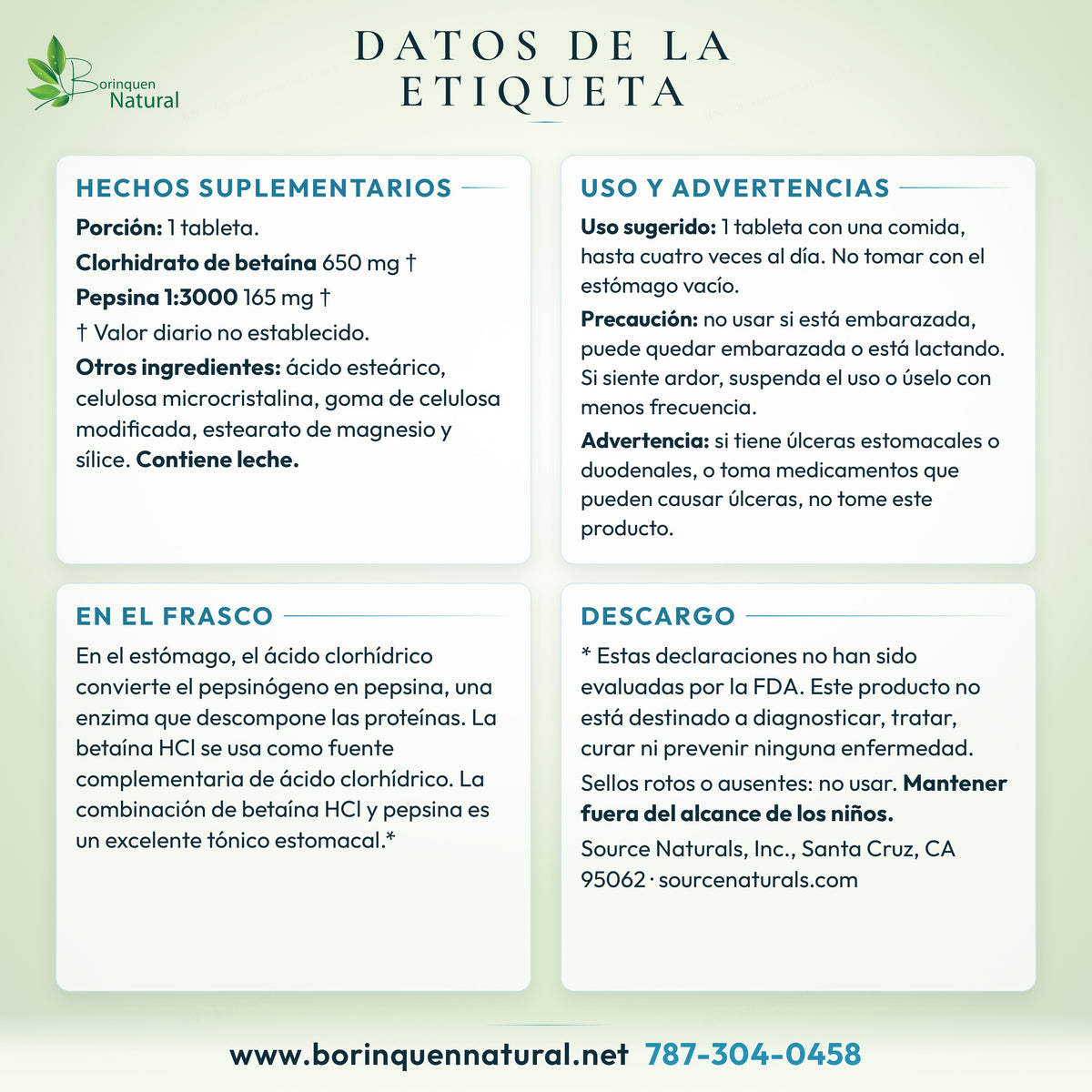 Datos de la etiqueta de la betaína HCl de Source Naturals: hechos suplementarios, uso, precaución y advertencia