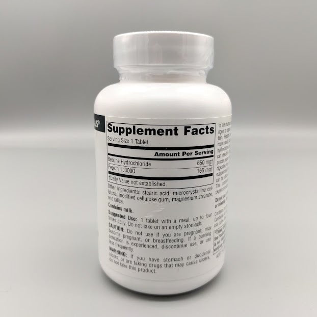 Betaína HCl 650 mg 90 Tabletas para Digestión de Proteínas de Source Naturals — etiqueta con los ingredientes