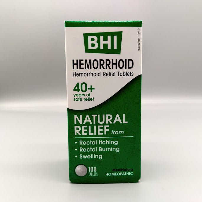 BHI Hemorrhoid MediNatura, frasco de 100 tabletas homeopáticas (foto de archivo)