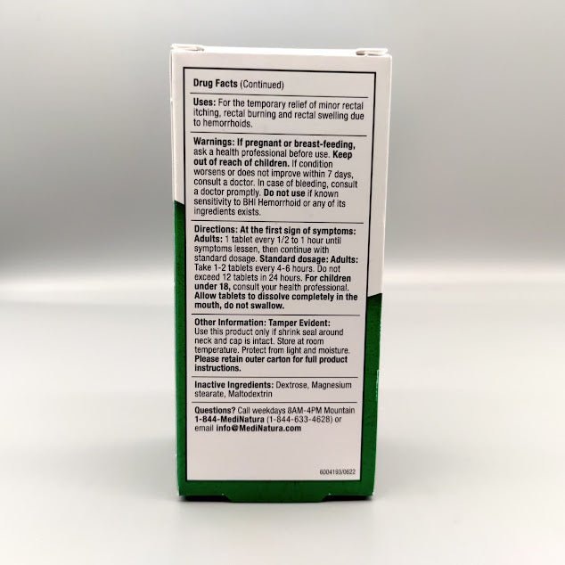 BHI Hemorrhoid MediNatura, frasco de 100 tabletas homeopáticas — vista posterior del envase (foto de archivo)