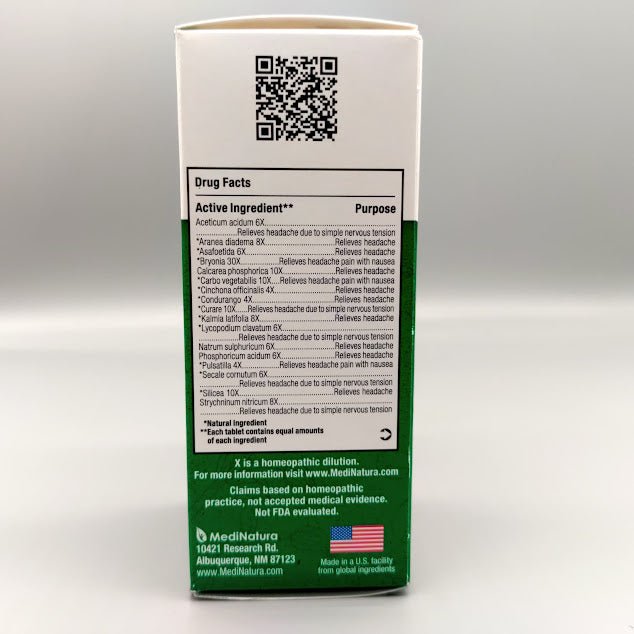 BHI Migraine de MediNatura, frasco de 100 tabletas homeopáticas para la migraña — etiqueta con los ingredientes