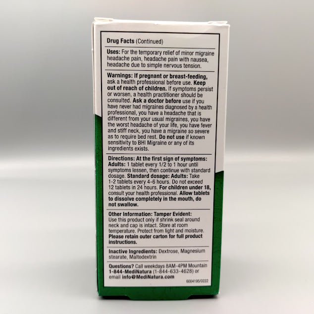 BHI Migraine de MediNatura, frasco de 100 tabletas homeopáticas para la migraña — vista posterior del envase