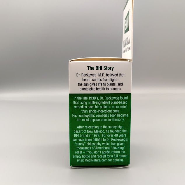 BHI Nausea 100 Tablet de MediNatura — vista lateral (foto de archivo)