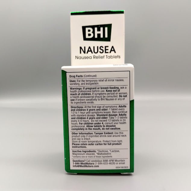 BHI Nausea 100 Tablet de MediNatura — vista posterior (foto de archivo)