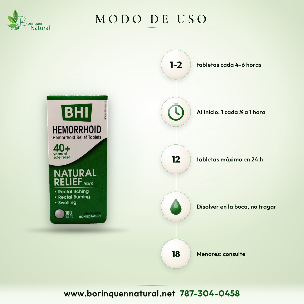 Modo de uso del BHI Hemorrhoid de MediNatura: adultos, 1-2 tabletas cada 4-6 horas, disueltas en la boca