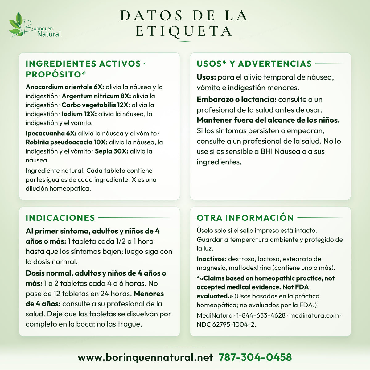 Datos de la etiqueta de BHI Nausea de MediNatura: ingredientes activos, usos, advertencias e indicaciones