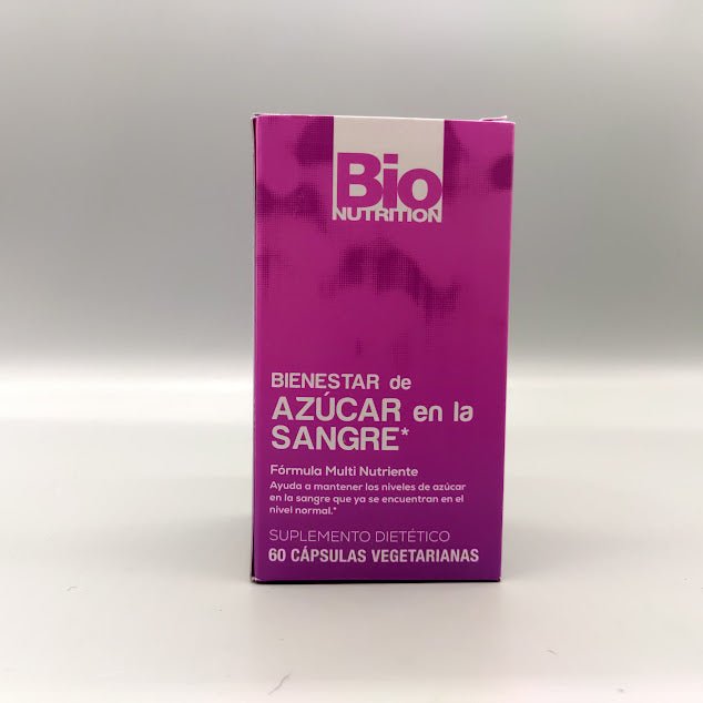 Bienestar del Azúcar en Sangre Bio Nutrition 60 cápsulas vegetarianas con cromo y canela — etiqueta con los ingredientes (foto de archivo)