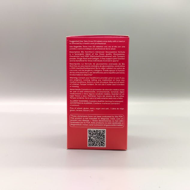 Lado de la caja: uso sugerido, descripción, advertencias, alergia a mariscos y aviso de la FDA