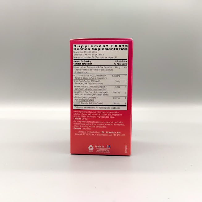 Hechos suplementarios de la caja: glucosamina 1,500 mg, condroitina 500 mg, MSM 250 mg, colágeno 100 mg
