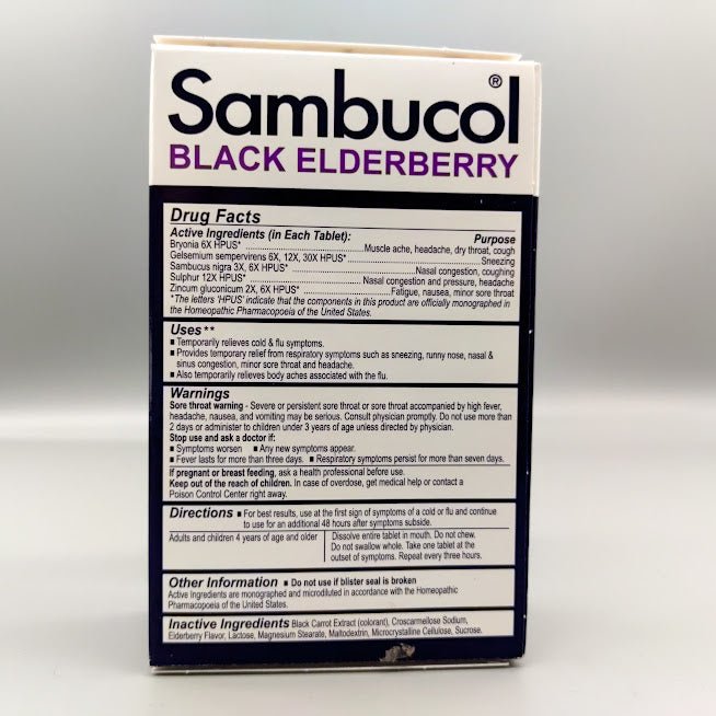 Black Elderberry Cold & Flu 30 Tablets de Sambucol — etiqueta del producto