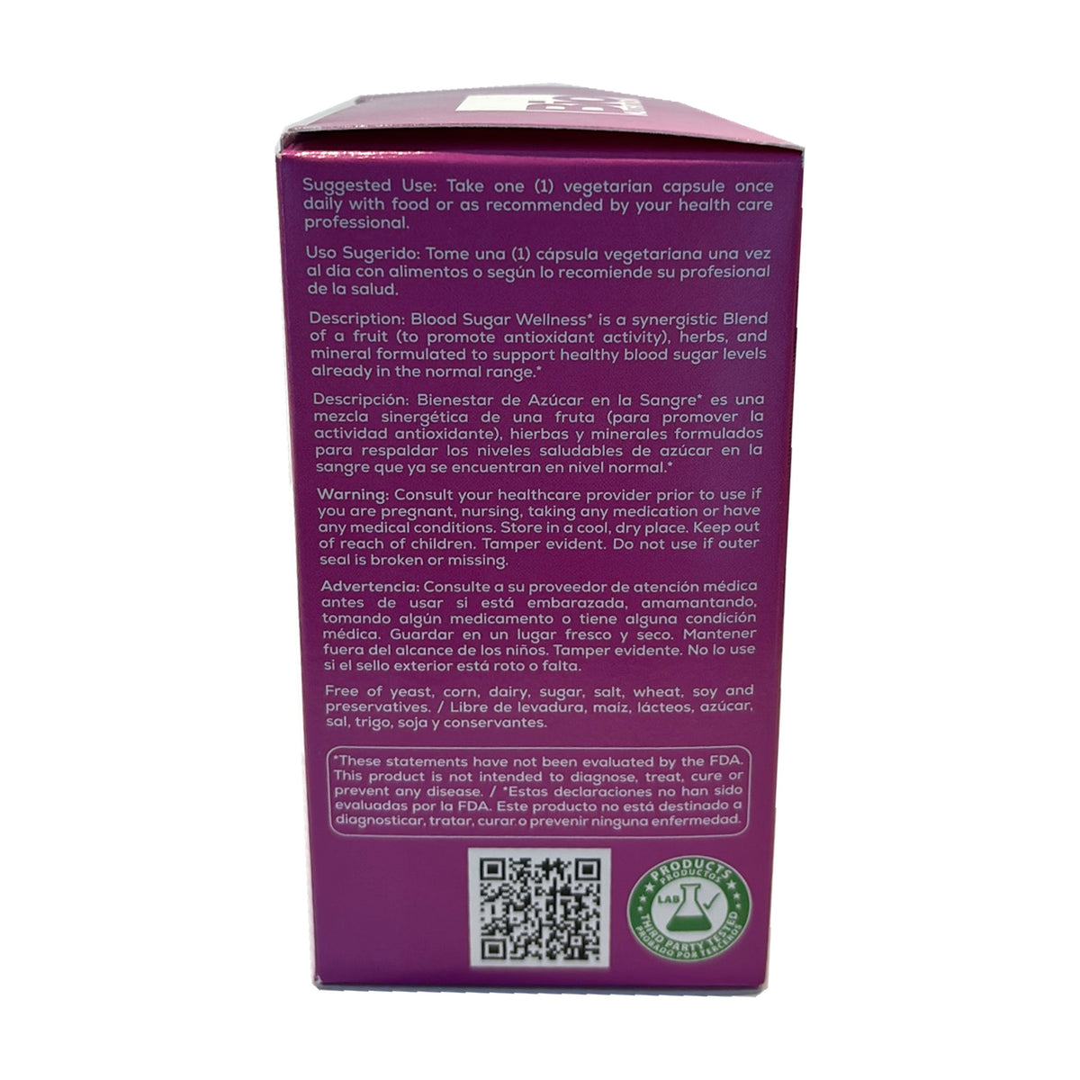 Blood Sugar Wellness: uso sugerido, descripción, precauciones y aviso de la FDA en español e inglés.