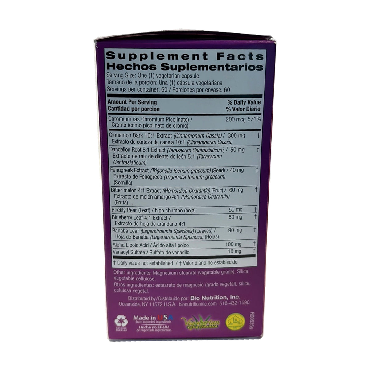 Blood Sugar Wellness: panel con porción de 1 cápsula, 60 porciones, cromo 200 mcg (571 %) e ingredientes.