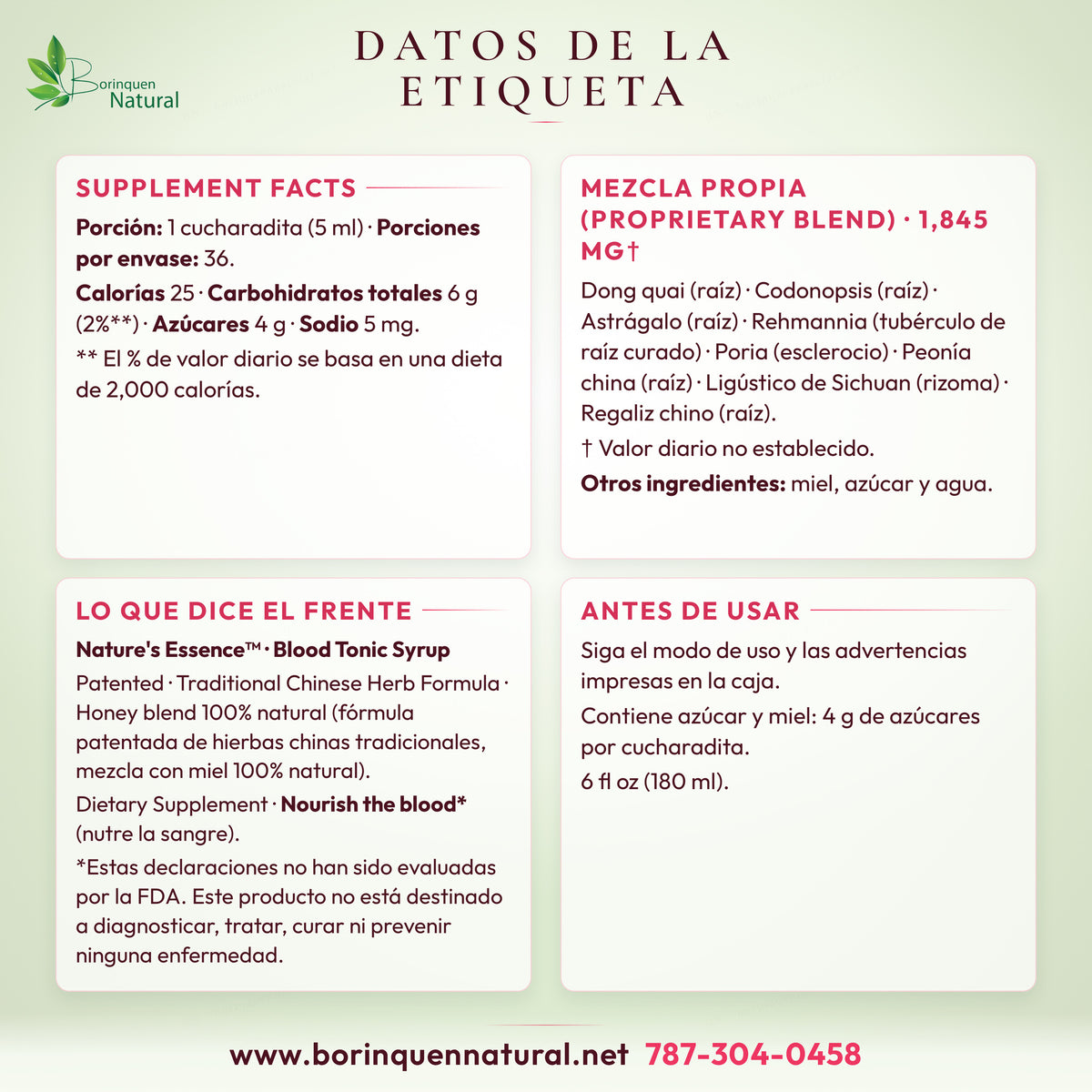 Datos de la etiqueta de Blood Tonic Syrup Nature's Essence: hechos suplementarios por cucharadita, ingredientes de la mezcla y lo que dice el frente de la caja