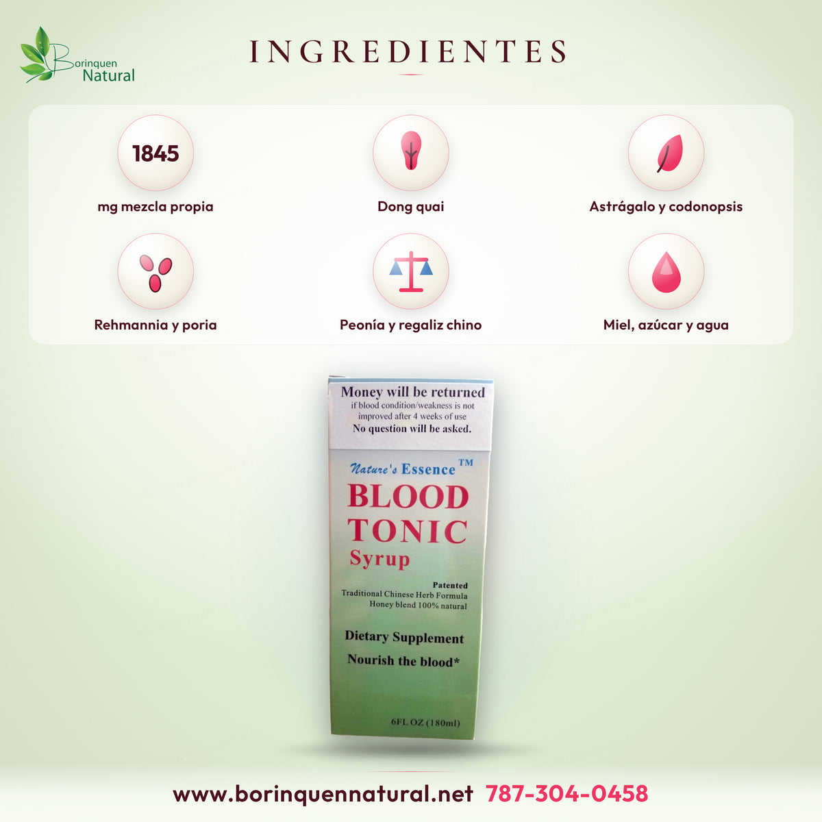 Ingredientes de Blood Tonic Syrup Nature's Essence: mezcla propia de 1,845 mg por cucharadita con raíz de dong quai, codonopsis, astrágalo, rehmannia, poria, peonía china, ligústico de Sichuan y regaliz chino, en miel, azúcar y agua