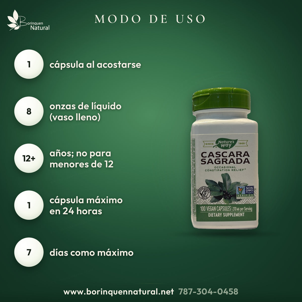Uso: 1 cápsula al acostarse con 8 onzas de líquido; desde los 12 años; máximo 1 en 24 horas y 7 días.