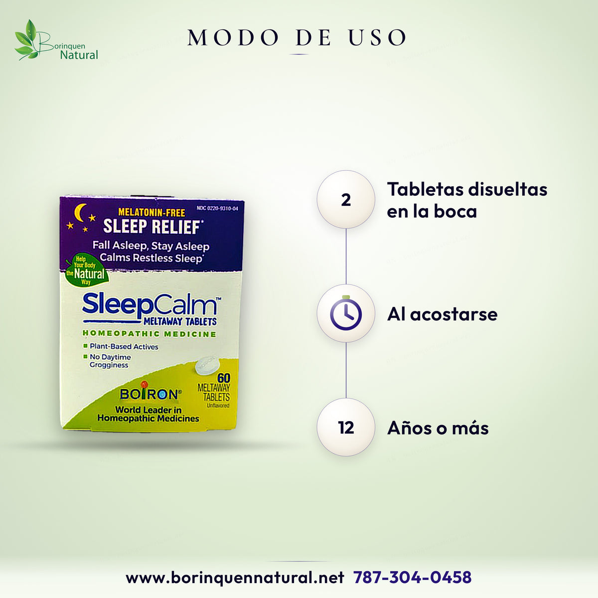 Modo de uso de SleepCalm Boiron: 2 tabletas disueltas en la boca al acostarse, desde 12 años
