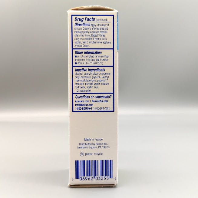 Tubo de crema de árnica Boiron Arnicare 1.33 oz para dolor muscular — vista posterior del envase