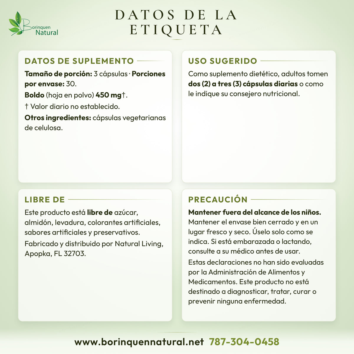 Datos de la etiqueta del Boldo Natural Living: datos de suplemento, uso sugerido, otros ingredientes y advertencias