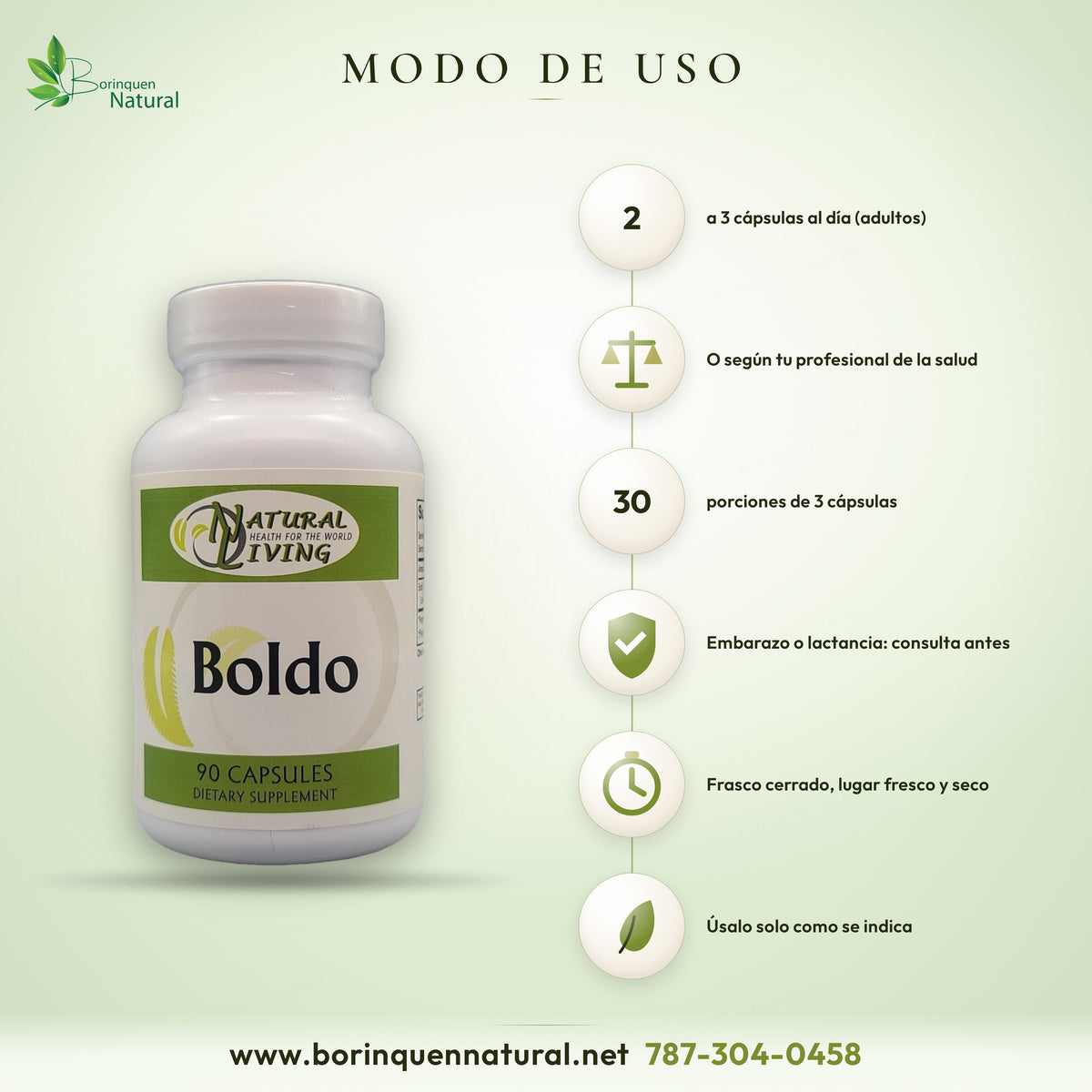 Modo de uso del Boldo Natural Living: adultos, de 2 a 3 cápsulas al día o según su profesional de la salud