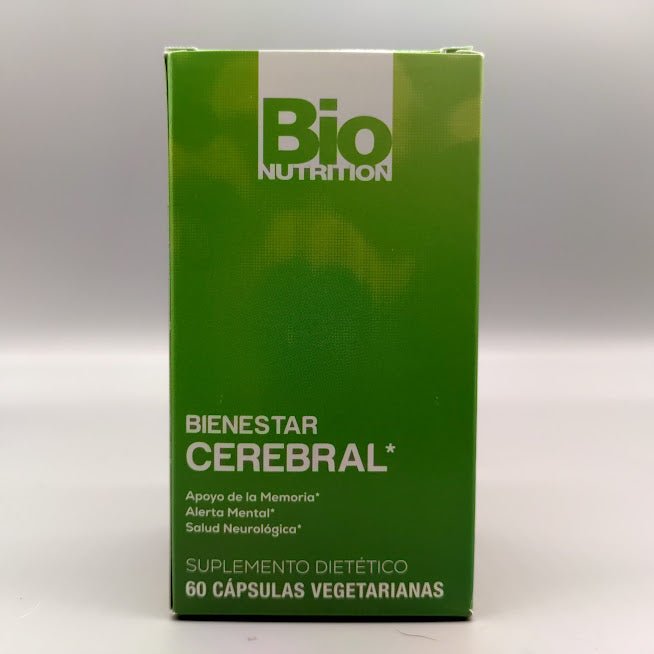 Brain Wellness de Bio Nutrition, frasco de 60 cápsulas vegetarianas para la memoria — etiqueta con los ingredientes