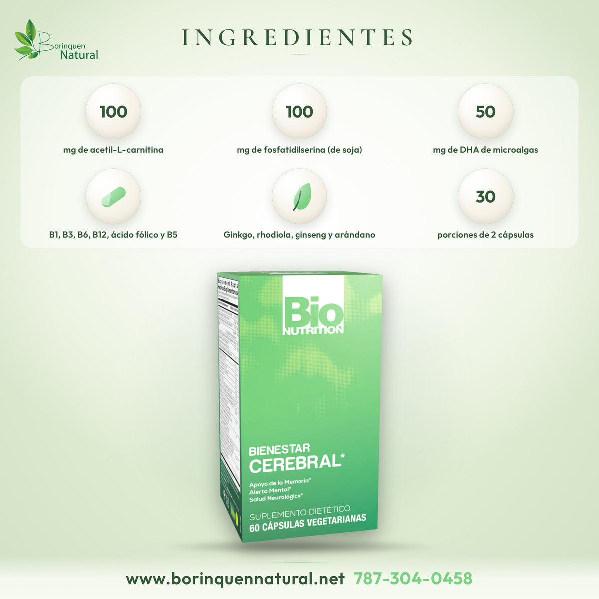 Ingredientes del Brain Wellness de Bio Nutrition por porción de 2 cápsulas: acetil-L-carnitina 100 mg, fosfatidilserina de soja 100 mg, DHA 50 mg, ginkgo, rhodiola, ginseng y vitaminas B